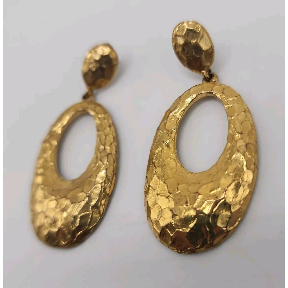 Vintage Bellezza Italy Hammered Gold Tone Dangle Oval Designer Pierced Earrings - Picture 4 of 11